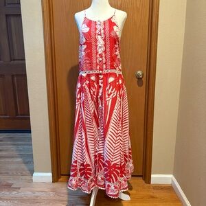 Farm Rio Cotton Red and White Tropical Midi Dress, NWT